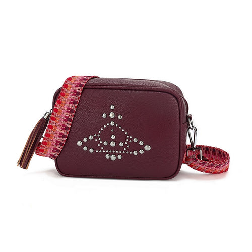 Wine studded crossbody bag with multi colour long straps