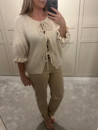 Beige frill sleeve tie cardigan