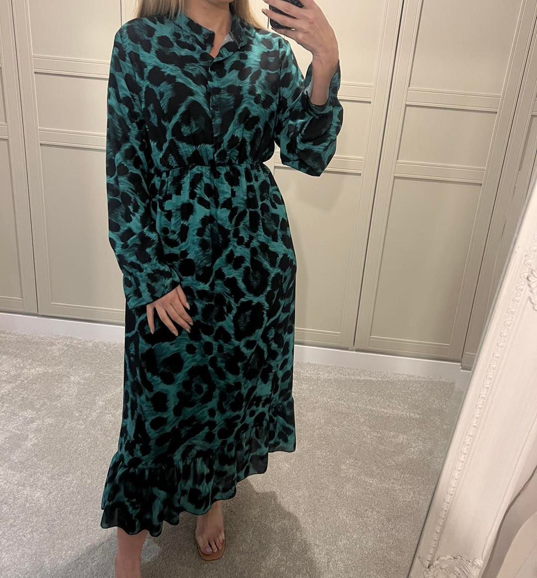 Leopard print green midi dress