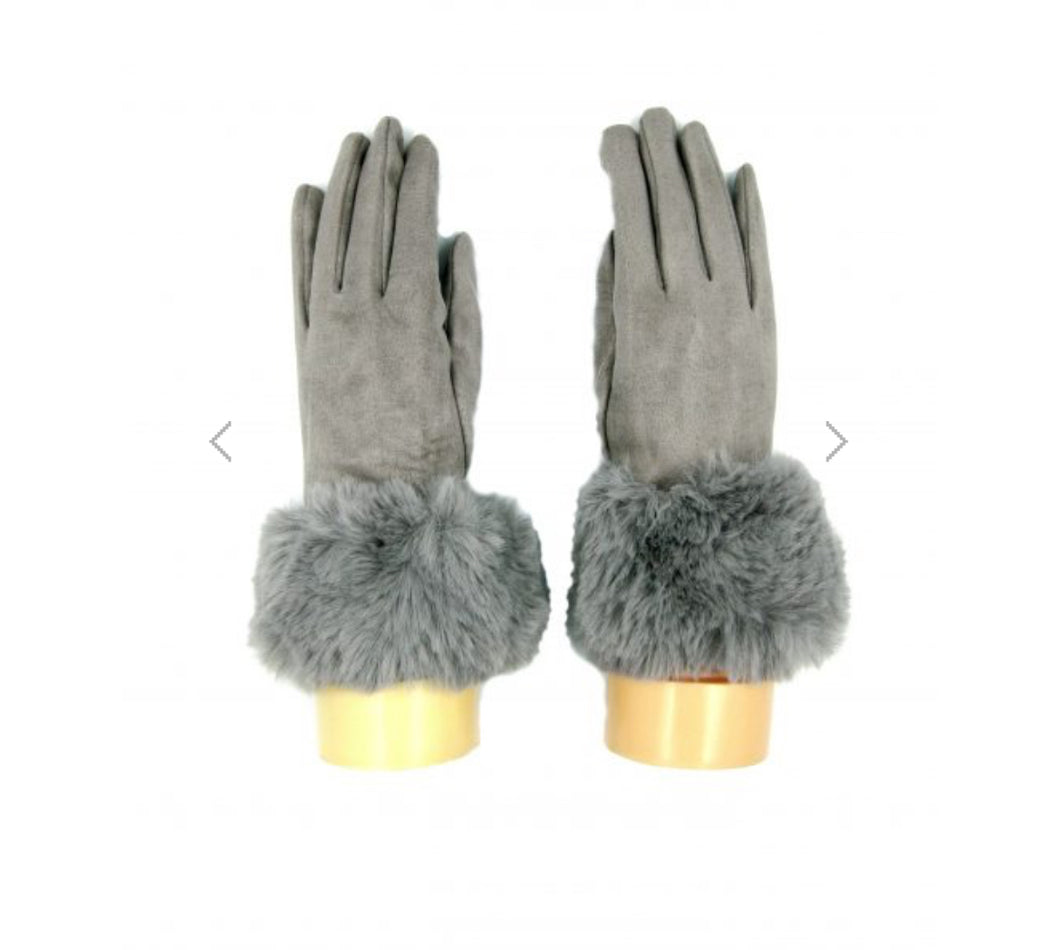 Grey faux fur trim gloves