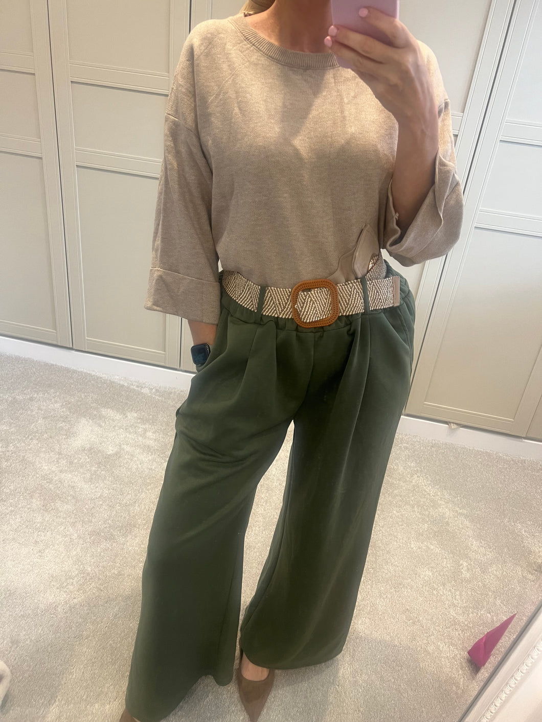 Olive green wide leg belted trousers