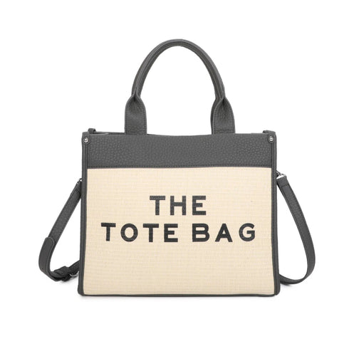 grey and straw tote bag