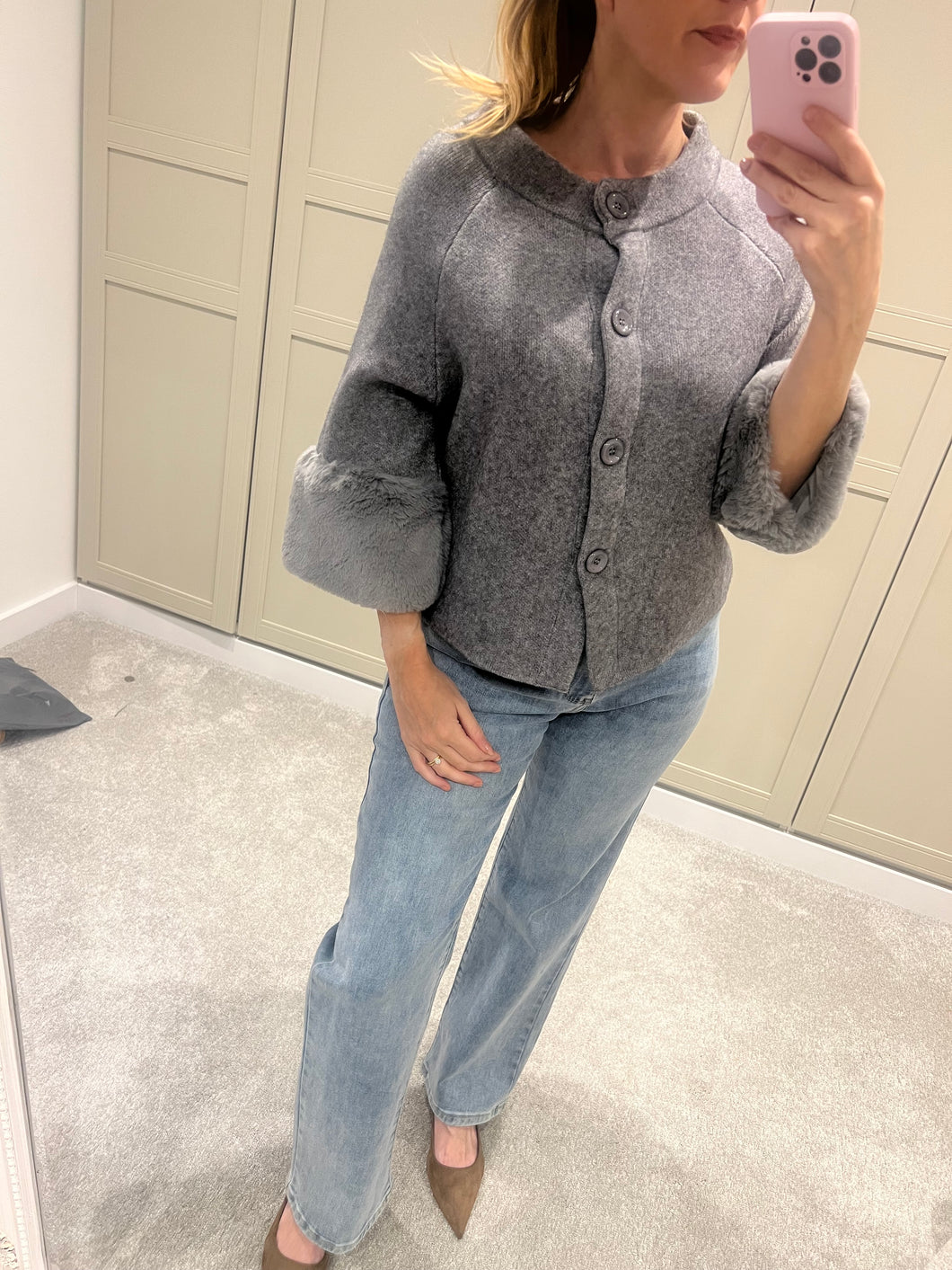 Grey Faux Fur Trim Button Cardigan