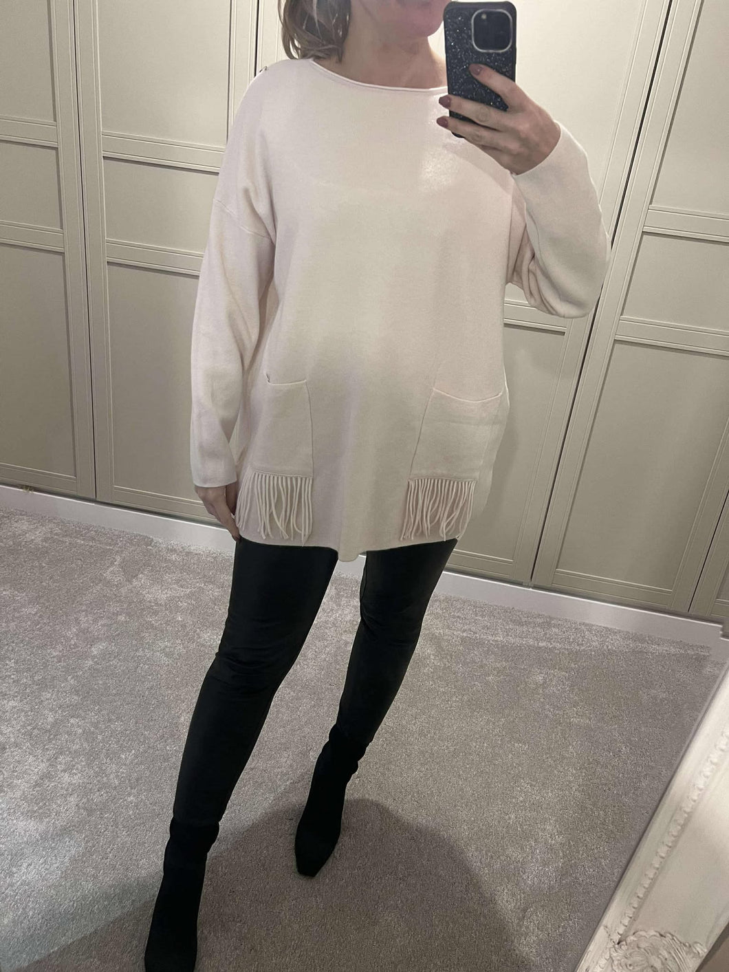 Cream pocket detail fringe jumper