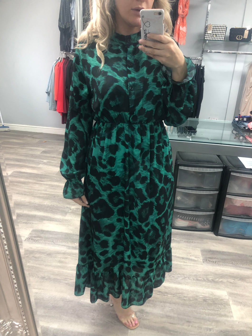 Leopard print green midi dress